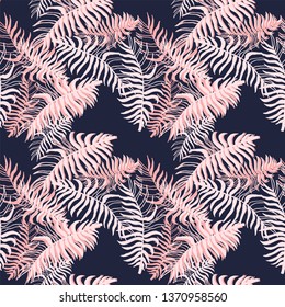 Pink palm leaves pattern on bark background. Decorative fabric for wrapping paper, banner, print. Decorative ornament, geometric elements for fabric, textile, web design, wrapping paper.