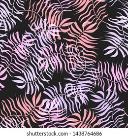 Pink palm tropical leaves pattern. Tropical seamless pattern with white leaves of monstera and palm trees on a pink background.