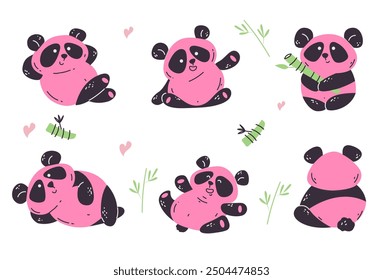 Pink panda set line art flat simple style concept. Vector graphic design illustration element