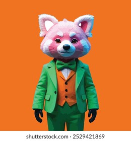 Un panda rosa con un traje verde, camisa naranja y pajarita verde sobre un fondo naranja