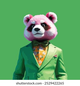 Un panda rosa con un traje verde, camisa naranja y pajarita verde sobre un fondo verde