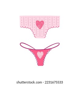 Pink women’s panties vector set. Classic panties and thong with heart symbol. Valentine’s day concept illustration.