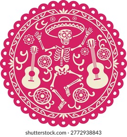 Pink papel picado for Day of the Dead. Skeleton dancing with a guitar and marigolds