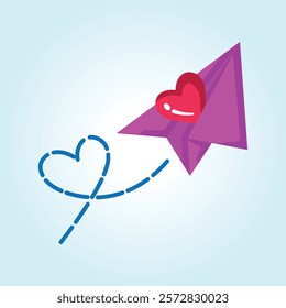 A pink paper airplane carrying a red heart, symbolizing love's journey.