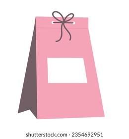 Pink paper bag with a bow, gift package with a sign for an inscription. Vector illustration in flat style isolated on white background