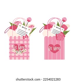 Pink Paper bag with flowers, love letter, gift and candy. Valentines Day vector cute illustration