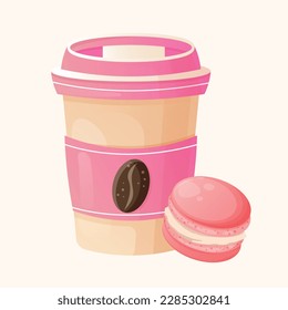 Taza de café de papel rosa con ilustración de grano de café y macaron rosa de fresa. Cartel de la cafetería. Ilustración de café de cartón para pastelería o pastelería con postre