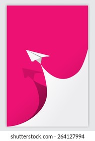 pink paper curl corner white and airplane background.vector illustration design template.