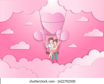 Papel rosa Cortando fondo nublado con una pareja amorosa linda sentada en globos decorados con remo cardíaco.