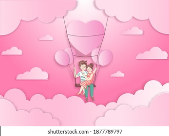 Pink Paper Cut Cloudy Background with Cute Loving Couple Sitting on Heart Swing Decorated Balloons.