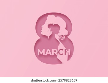 A pink paper cut design featuring layered silhouettes of women within the number 8, symbolizing strength, love, and empowerment for International Women's Day on March 8.