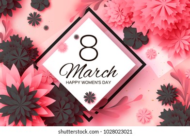 Pink Paper Cut Flower. 8 March. Womens Day Greetings card. Origami Floral bouquet. Rhombus frame. Text. Spring Seasonal Holidays on pink. Happy Mothers Day.