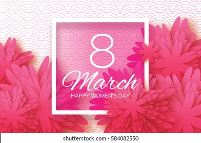 Pink Paper Cut flower. 8 March. Women's Day Greeting card. Origami Floral bouquet. Rectangle frame. Space for text.Happy Mother's Day. Circle background. Vector Spring illustration