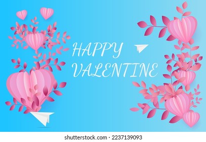 Pink paper cut heart to love with ping floral and white polygon plane on light blue screen for Valentine's day greeting cards