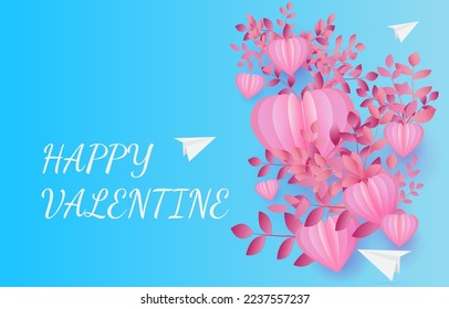 Pink paper cut heart to love with ping floral and white polygon plane on light blue screen for Valentine's day greeting cards