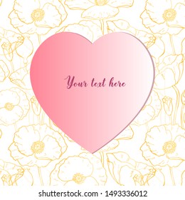 Pink paper cut heart shape on a white and gold flower ornament. Valentine or wedding card or romantic invitation template. Hand drawn vector graphic colored illustration.