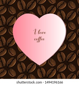 Pink paper cut heart shape on a brown ornament made from coffee bean. Hand drawn vector graphic colored illustration. Coffee day template.