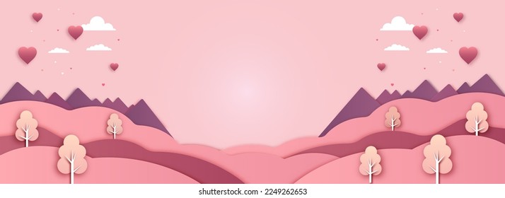 Pink Paper Cut Nature Landscape Background With Heart Shapes, Clouds And Copy Space. Happy Valentines Day Concept.