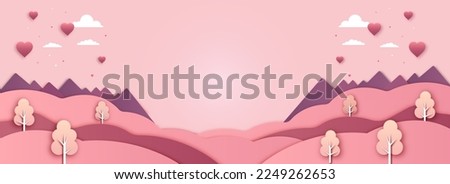 Pink Paper Cut Nature Landscape Background With Heart Shapes, Clouds And Copy Space. Happy Valentines Day Concept.