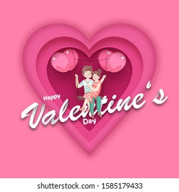 Pink Paper Cut Style Heart Shape Greeting Card Design, Loving Couple on Swing with Balloons for Happy Valentine's Day Celebration Concept.