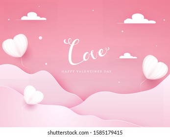 Pink Paper Cut Wavy Background Decorated with Origami Heart Shaped Balloons and Clouds for Love, Happy Valentine's Day Celebration.