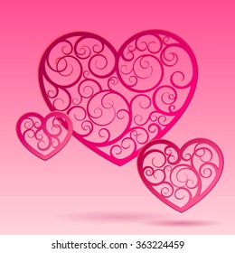 Pink paper decorative hearts  of different sizes suspended in air. Valentine greeting card. Vector illustration