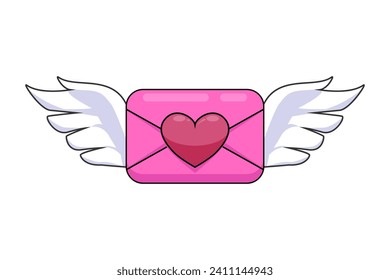 Pink paper envelope and red heart flying with angel wings isolated on white background, pink letter. vector illustration