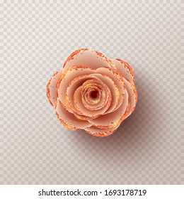 Pink paper flower isolated on checkered background. Realistic 3d gentle flower with golden sand. Vector illustration.