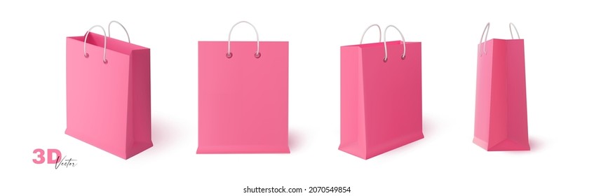 Pink paper gift bag with handle set isolated on white. Packaging mock up