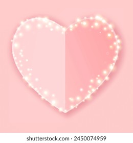 Pink paper hear with a shadow and sparkles, love symbol isolated on pink  background. 3D vector holiday element.