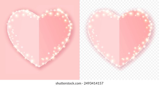 Pink paper hear with a shadow and sparkles, love symbol isolated on pink  background. 3D vector holiday element.