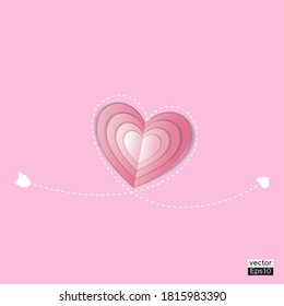 Pink paper heart with gold  in white arrow pattern isolated pink background.Vector illustrator.