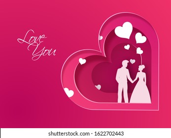 Tarjeta de saludo con estilo de corte de capa de papel rosa con pareja amorosa de silueta y texto de amor.
