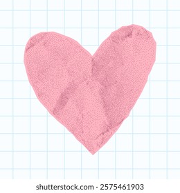 Pink paper heart on a checkered notebook sheet background with a crumpled gritty texture, jagged torn edges, cute halftone sticker, love and romance theme
