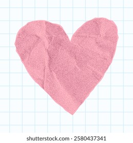 Pink paper heart on checkered notebook sheet background, collage element with gritty crumpled texture, jagged edges, love and romance, cute halftone sticker.