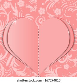 Pink paper heart on Valentine's Day on the patterned background. Vector illustration.