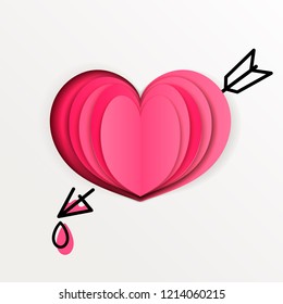 Pink paper heart on white background with drawn arrow vector illustration