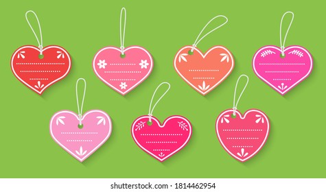 Pink paper heart shape set. Valentines day sale labels with rope. Craft price gift box tag with cord flat Isolated cardboard blank vintage decorative frames template with text box Vector illustration