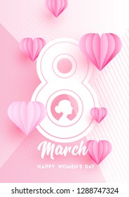 Pink paper hearts shapes decorated abstract background for 8 March International Women's day greeting card design.