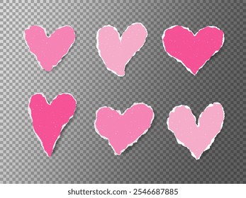 Pink Paper Hearts with torn edge set. Ripped effect Textured Heart shapes. Love relationship symbol icons. Romantic Design Element for Collage, social media, poster, card, invitation