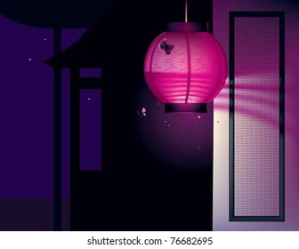 Pink paper lantern. The vector illustration of pink paper lantern on the wall of Japanese house.