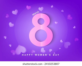 Pink Paper Number of 8 March on Tiny Hearts Decorated Blurred Purple Background for Happy Women's Day Concept. Can Be Used as Greeting Card.
