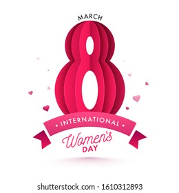 Pink Paper Origami Number 8 of March with Hearts on White Background for International Women's Day Celebration Concept.