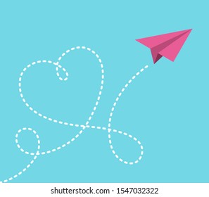 Pink paper plane flying and drawing heart shape with its path. Romantic travel, relationship, love and romance concept. Flat design. EPS 8 vector illustration, no transparency, no gradients