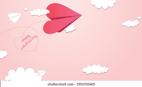 Pink paper plane flying on the pink background, vector symbol of love, happy woman, mother, Valentine's day, birthday card design.