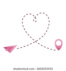 Pink paper plane. Heart shape path. Romantic travel concept. Vector love journey.