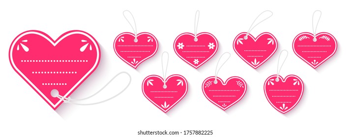 Pink paper price gift box tag with cord flat set. Heart shapes craft Valentines day sale labels with rope. Isolated cardboard blank vintage decorated frames template with text box. Vector illustration