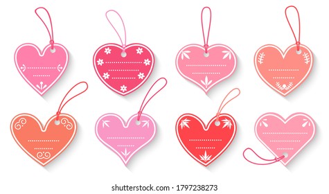 Pink paper price heart shape, tag set gift box with cord flat. Craft Valentines day sale label with rope. Isolated cardboard blank vintage decorative frames template with text box Vector illustration