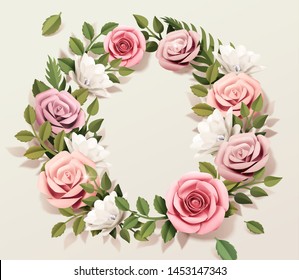 Pink paper rose wreath with green leaves in 3d illustration