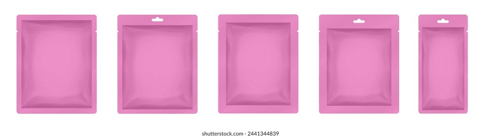 Bolsita o bolsita de papel rosa. Vector bolsas de maqueta, toallitas húmedas de papel o paquetes de papel de aluminio. Muestras de cosméticos. Máscara facial de lámina hidratante